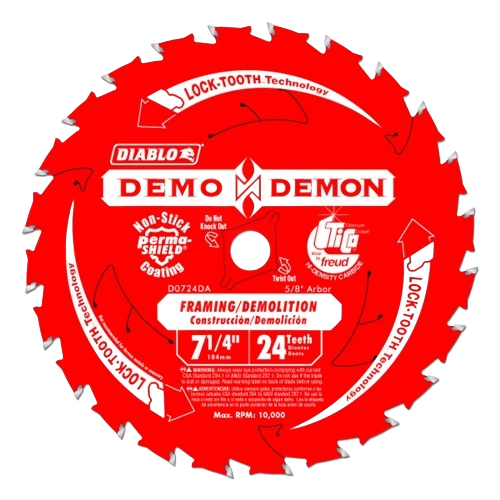 Red 7 1/4-inch circular saw blade with 24 teeth and Lock-Tooth technology for woodworking and demolition tasks