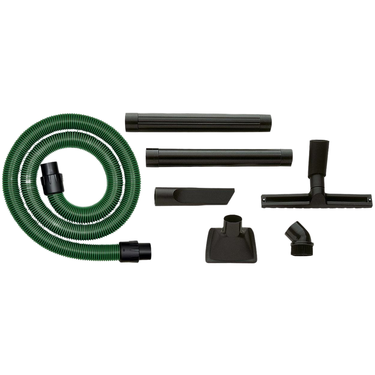 Green flexible hose and black industrial cleaning tool attachments for dust management and woodworking tool accessories
