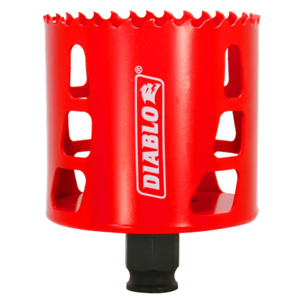 Red metal hole saw with sharp teeth and ventilation slots, suited for woodworking tools and home improvement projects under $50