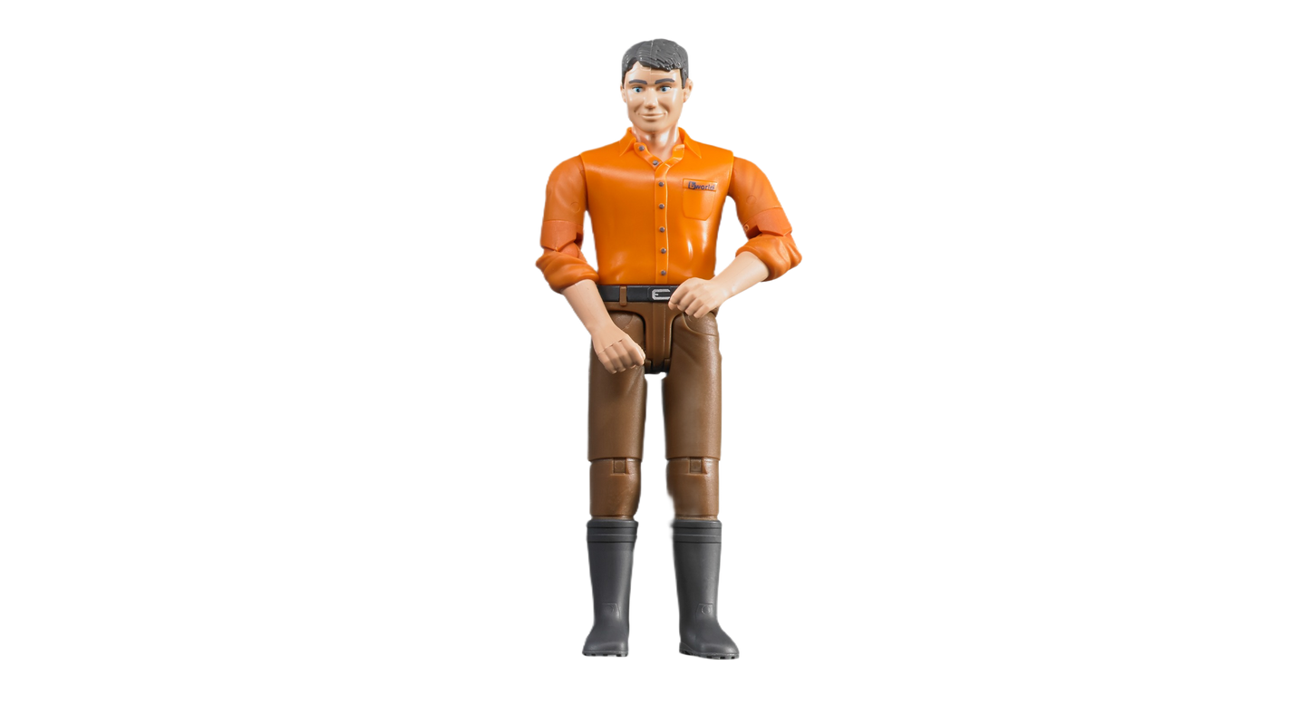 Male figurine dressed in orange shirt, brown pants, and black boots standing for tools and home improvement play