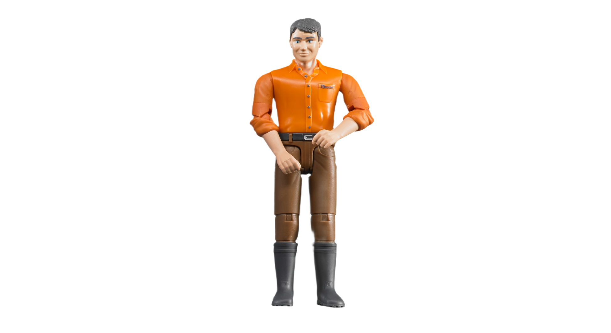 Male figurine dressed in orange shirt, brown pants, and black boots standing for tools and home improvement play