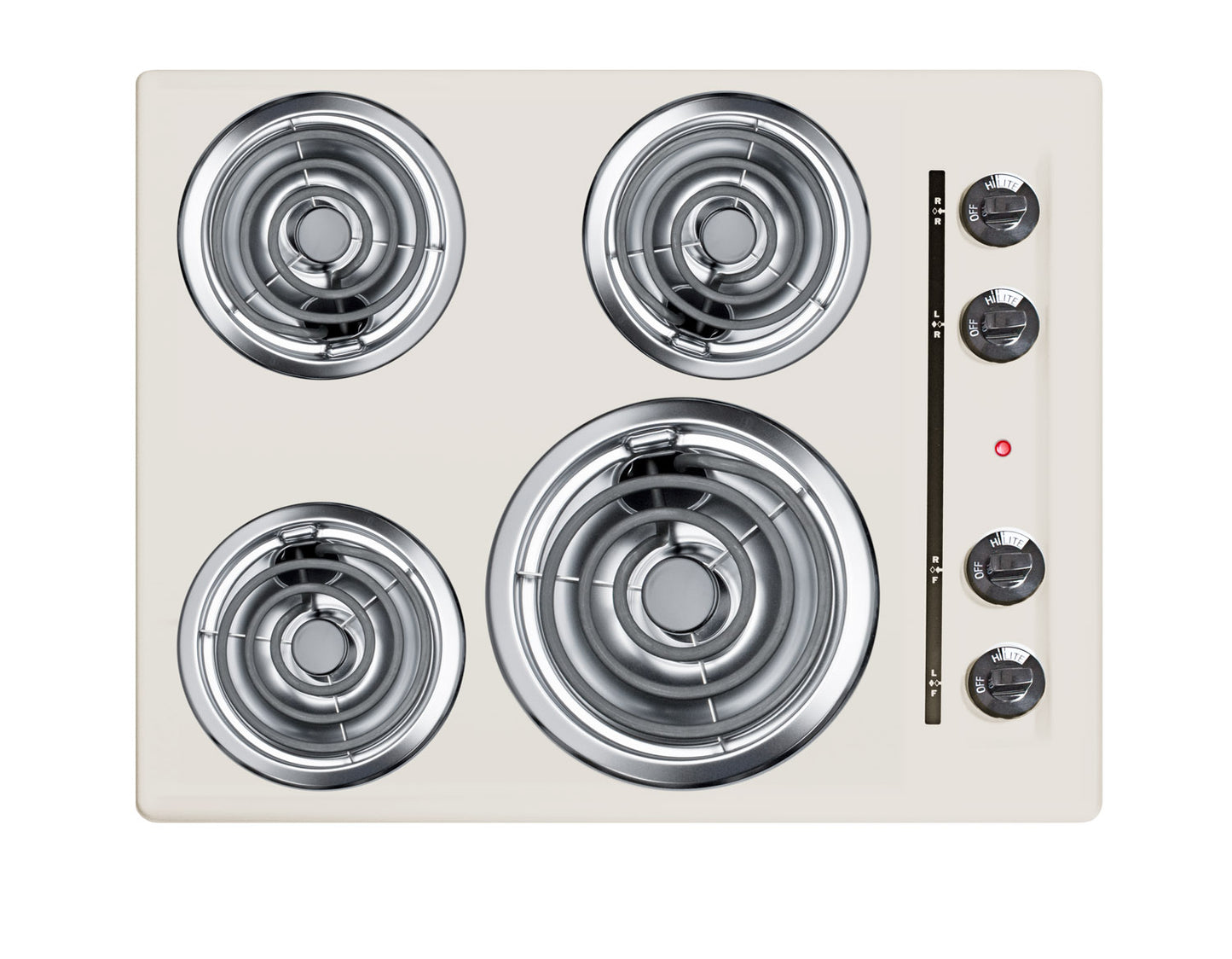 White electric cooktop with four coil burners and black control knobs from Cooktops and Appliances collections