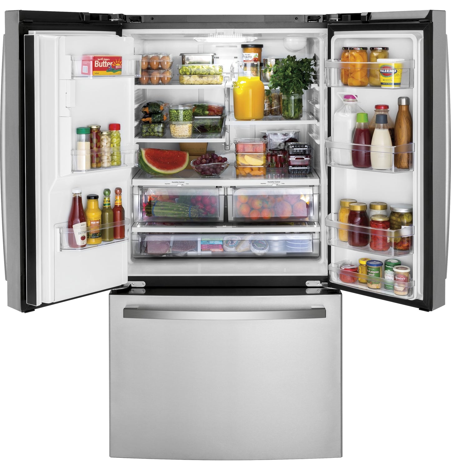 Open counter-depth French-door refrigerator with organized fresh produce, beverages, and condiments from kitchen appliances collection