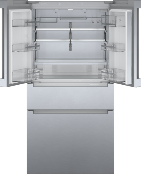 Open stainless steel French door refrigerator with spacious glass shelves and door bins in Bosch bottom freezer collection