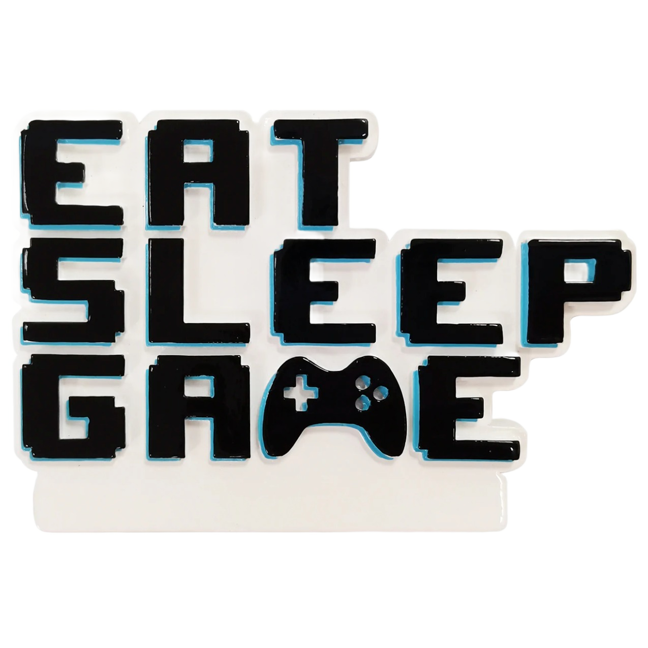 Black block letters spelling eat sleep game with a video game controller icon on white background for Christmas decor under $50 collection
