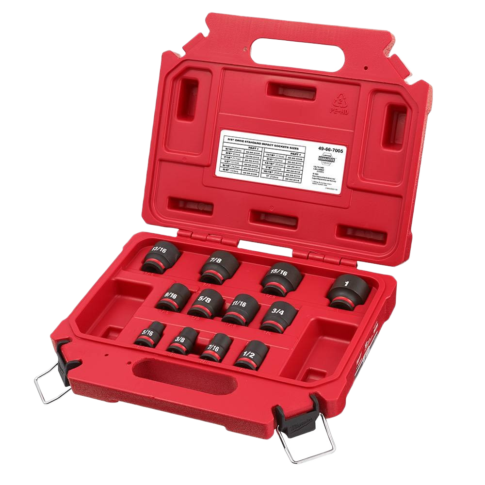 Red plastic case with a set of 12 impact-duty 3/8 inch drive SAE sockets for tools and home improvement tasks
