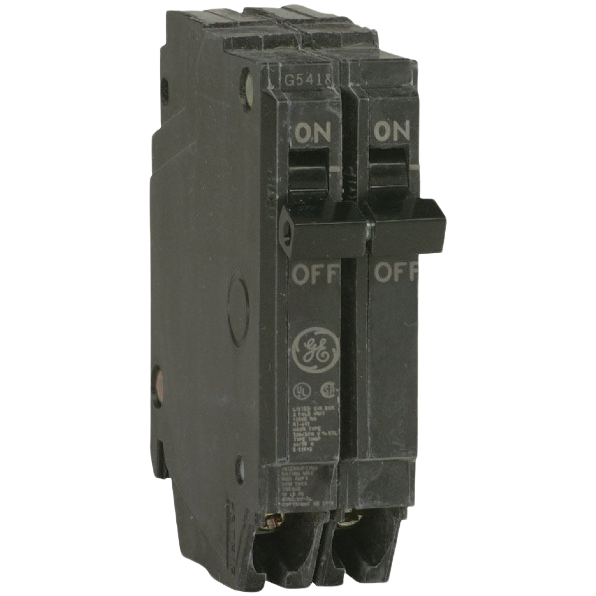 Black double-pole circuit breaker with on/off switches for electrical home improvement and tools applications