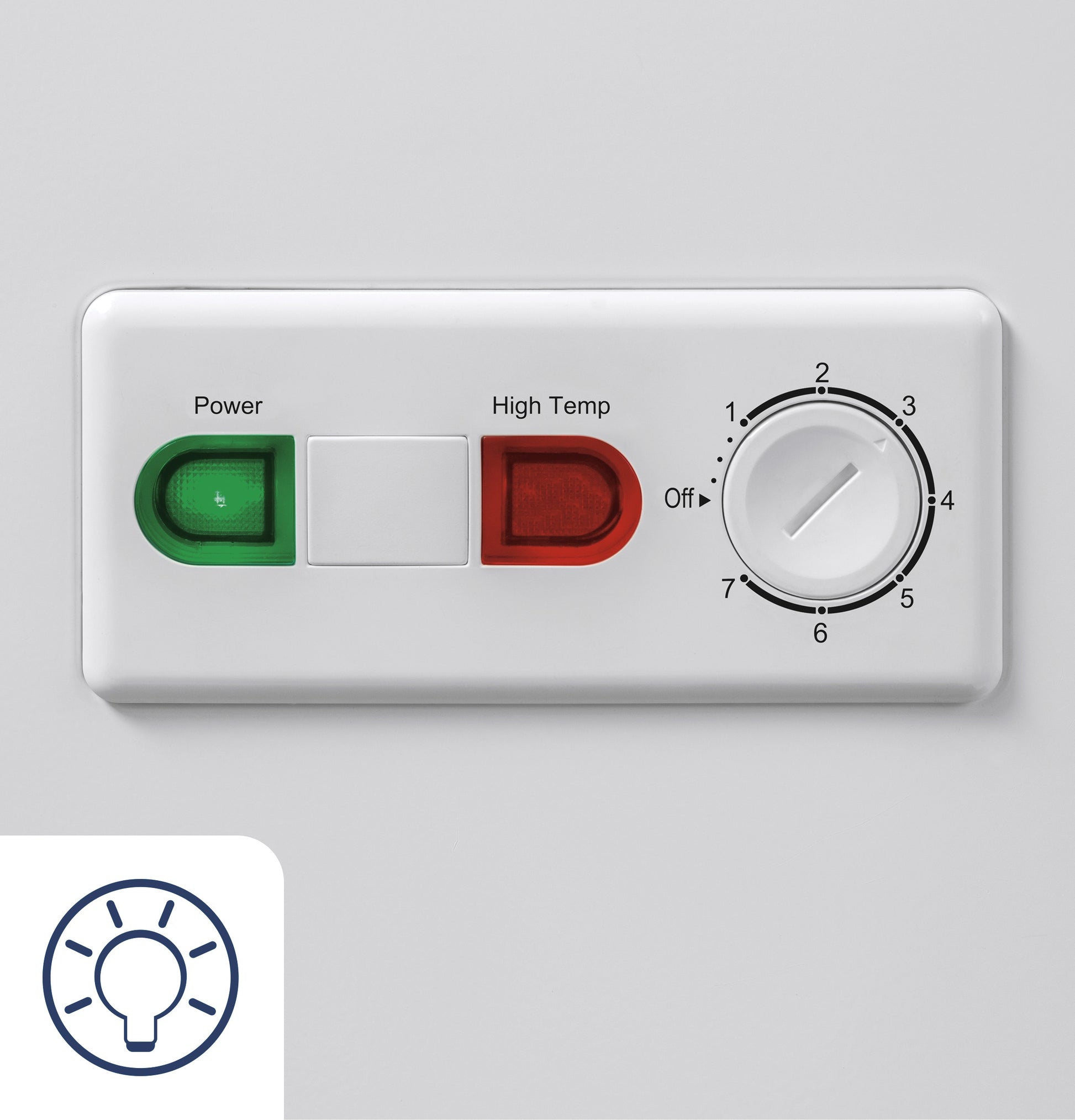 Control panel on white chest freezer with green power light, red high temp indicator, and temperature dial knob from appliances collection