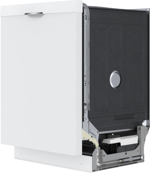 Partially assembled dishwasher with white door panel and exposed interior components for Bosch kitchen appliances collection