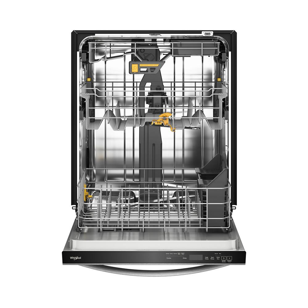 Interior view of a stainless steel built-in dishwasher with upper and lower racks from kitchen appliances collection
