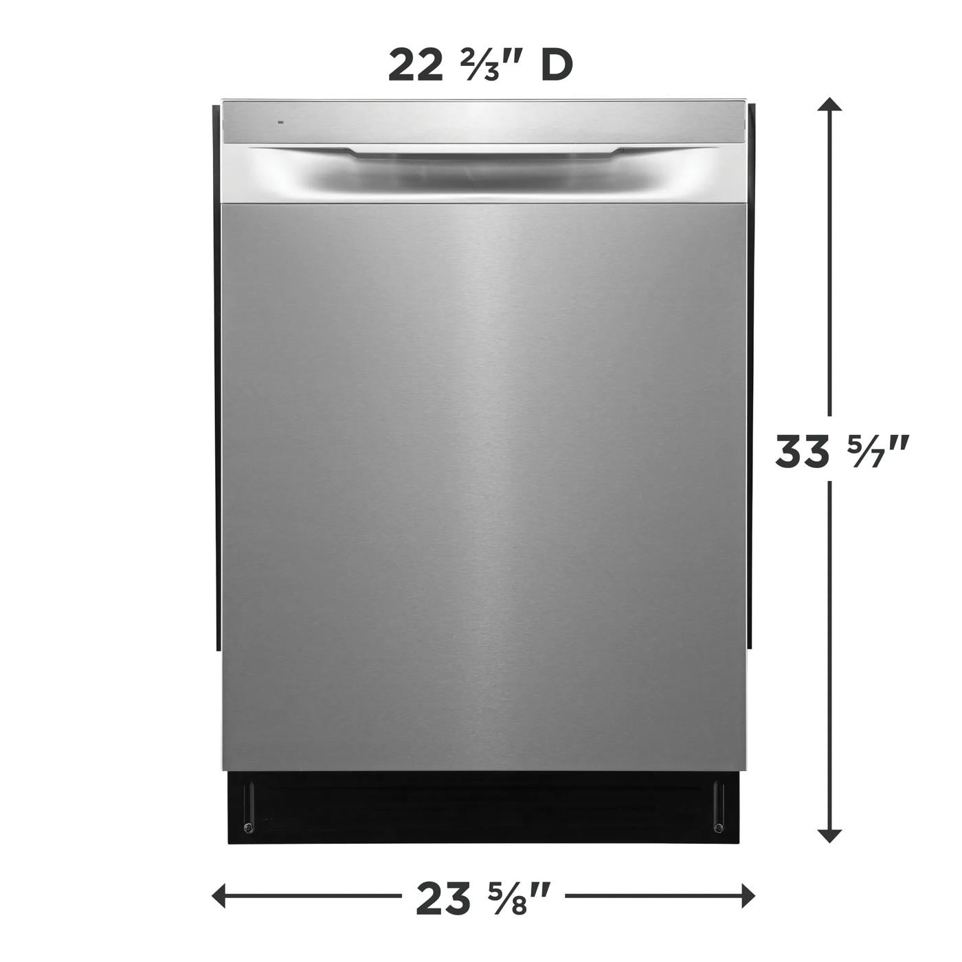 Front view of stainless steel 24-inch dishwasher with built-in design for kitchen and home improvement appliances