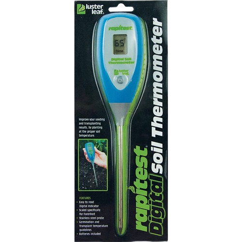 Blue and silver digital soil thermometer in packaging for garden and outdoor living tools under $50 collection