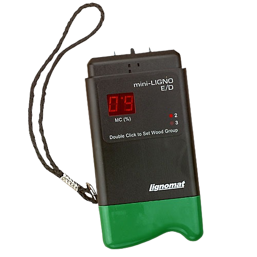 Compact moisture meter with digital display and metal pins for measuring wood moisture content in home improvement projects