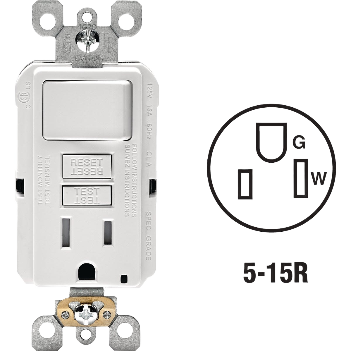 White self-test GFCI switch and outlet combination with screwless wallplate for electrical and home improvement use