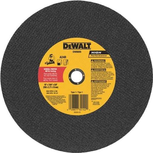 Circular black abrasive cutting wheel with yellow DEWALT label for metal cutting in home improvement tasks