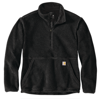 Men's black fleece pullover with quarter zip and loose fit, ideal for outerwear and casual clothing collections.