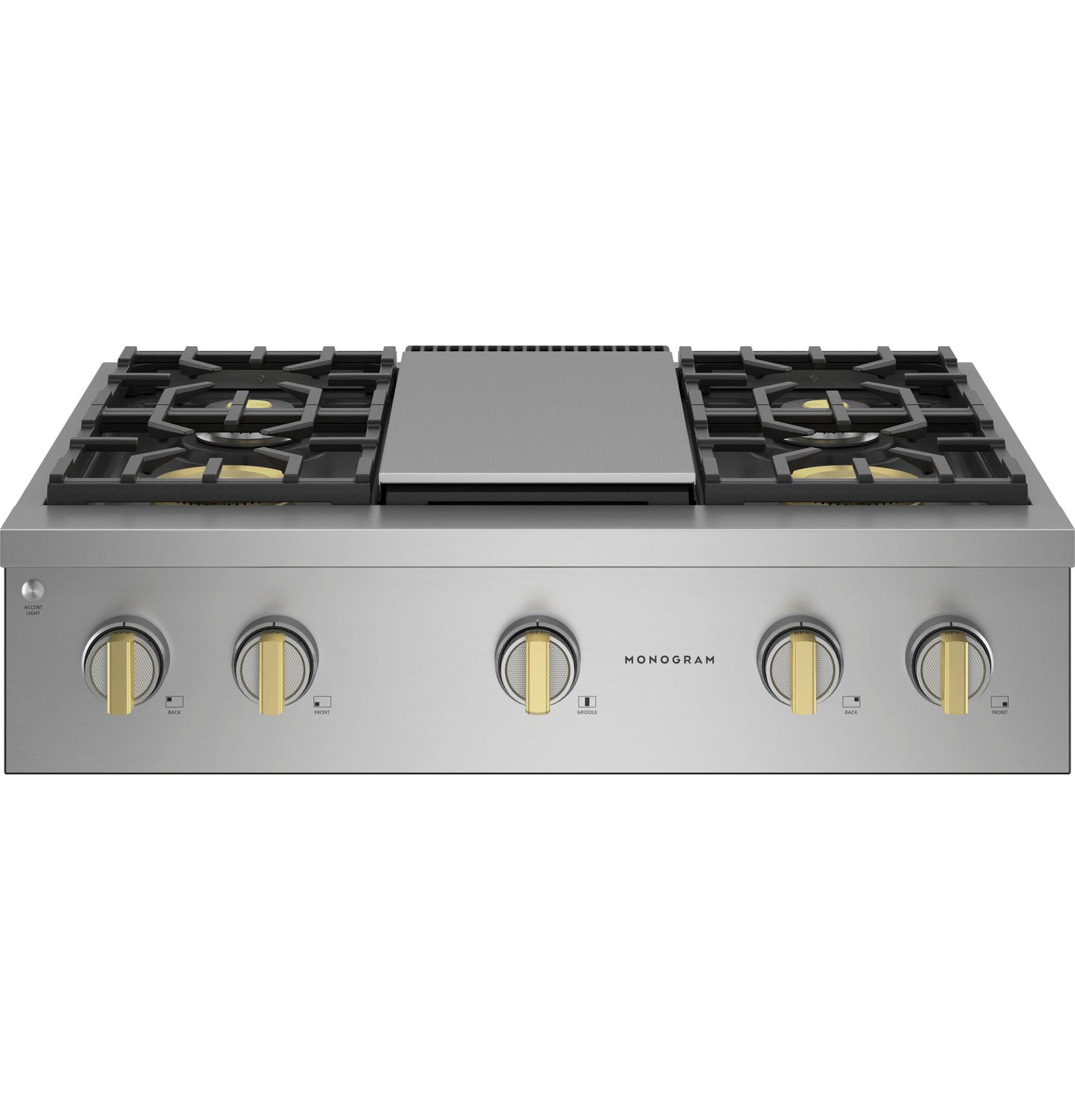 Stainless steel gas cooktop with four burners and central griddle featuring brass-accented control knobs in Kitchen & Kitchenware collections