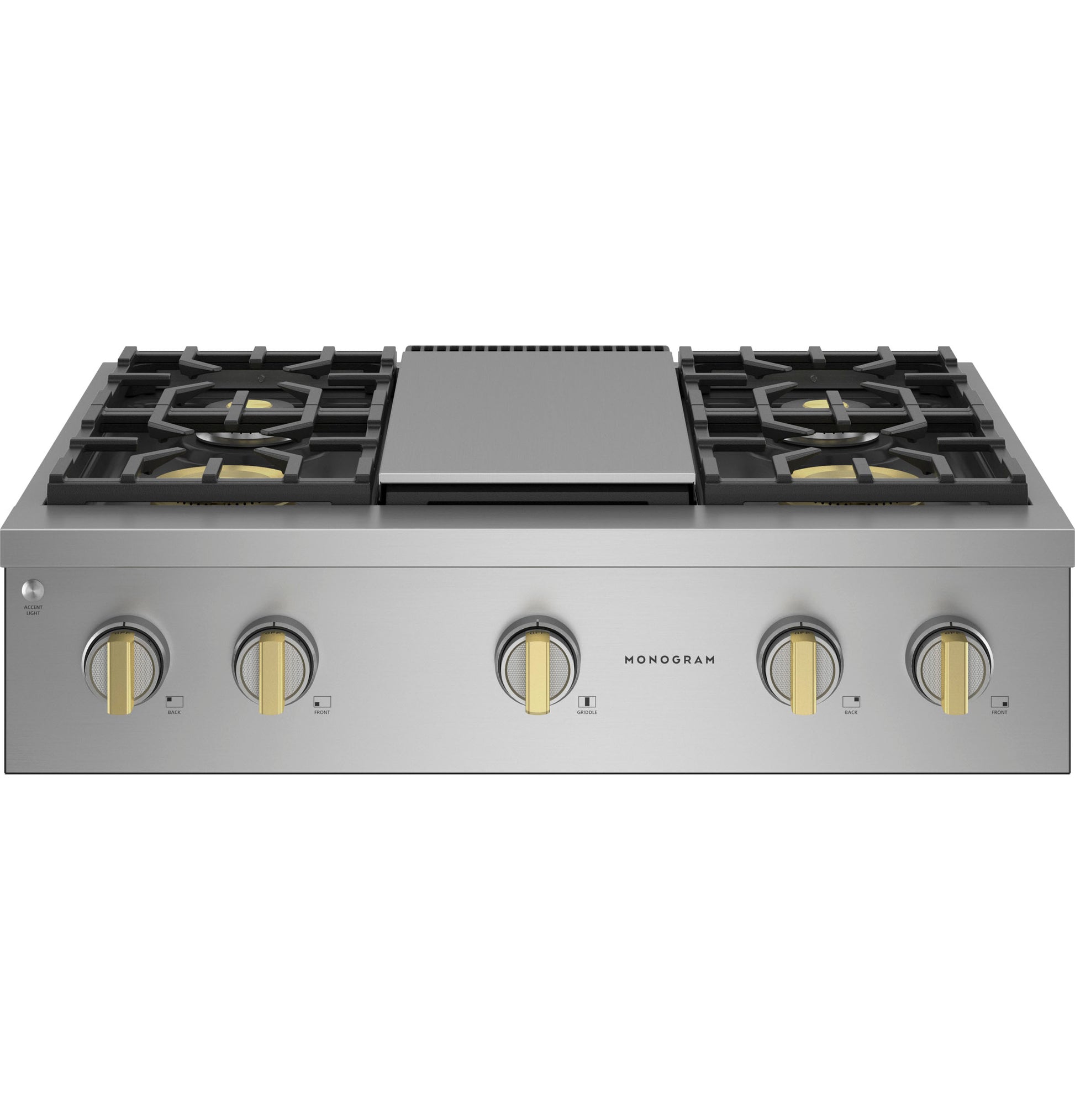 Stainless steel gas cooktop with four burners and central griddle featuring brass-accented control knobs in Kitchen & Kitchenware collections