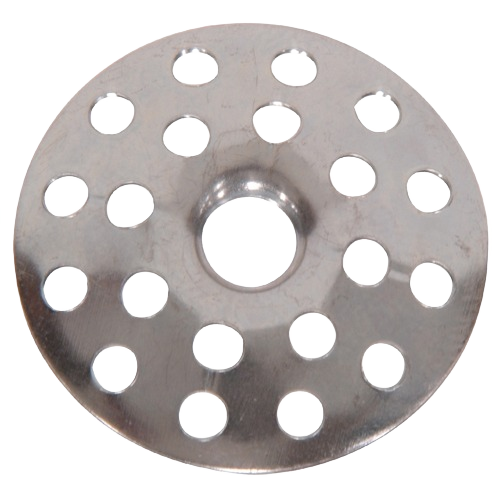 Round zinc-plated plaster washer with multiple evenly spaced holes for tools and home improvement use