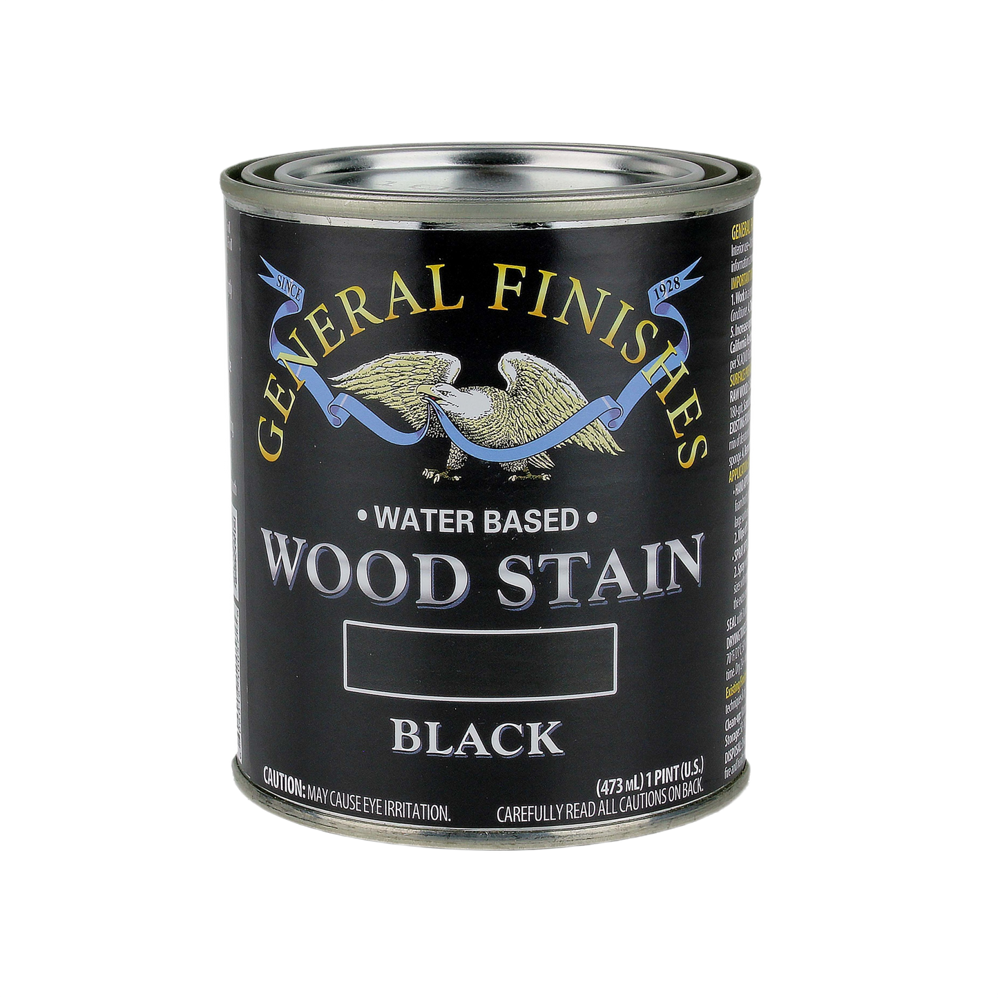 Quart-sized can of black water based wood stain with black label and gold eagle graphic for home improvement tasks