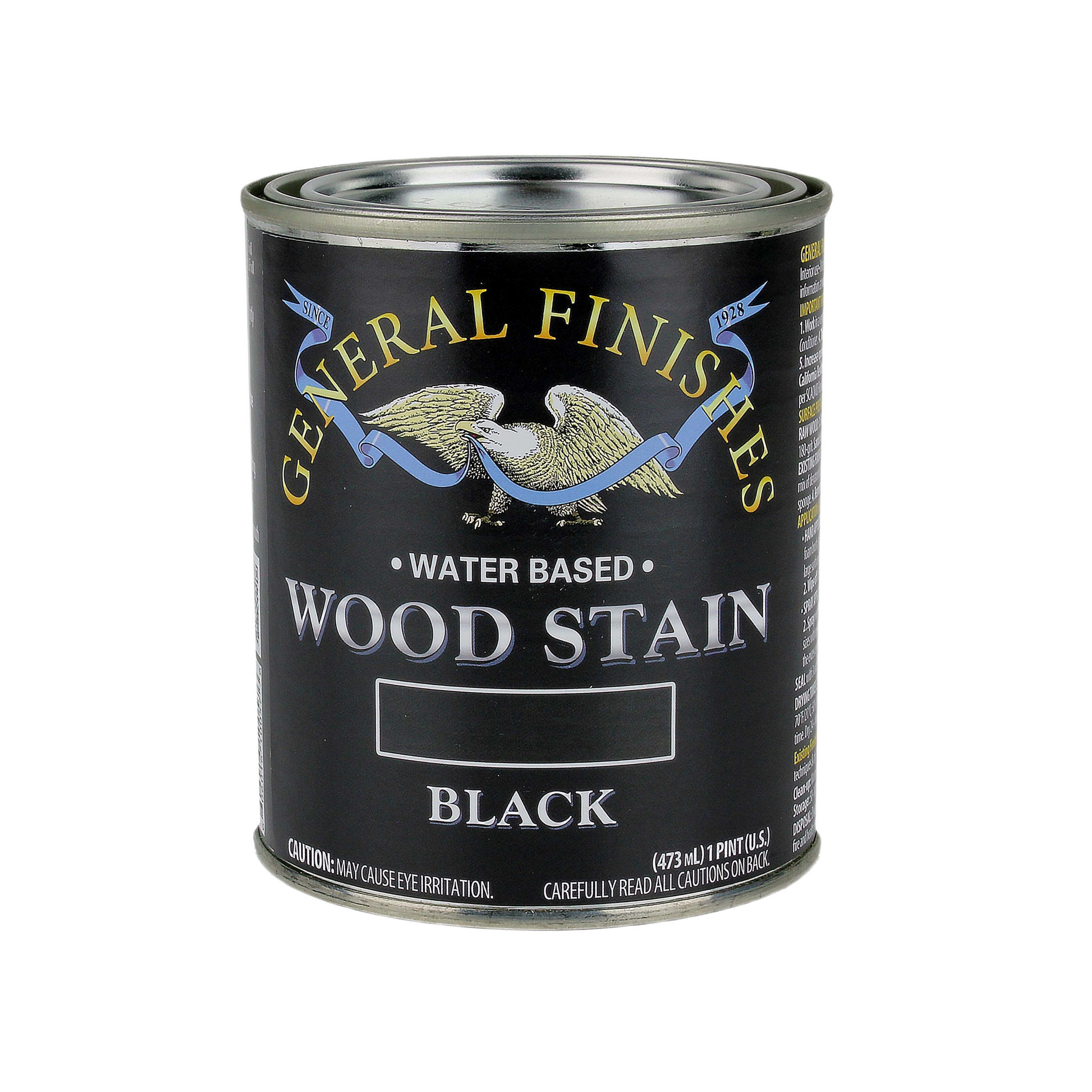 Quart-sized can of black water based wood stain with black label and gold eagle graphic for home improvement tasks