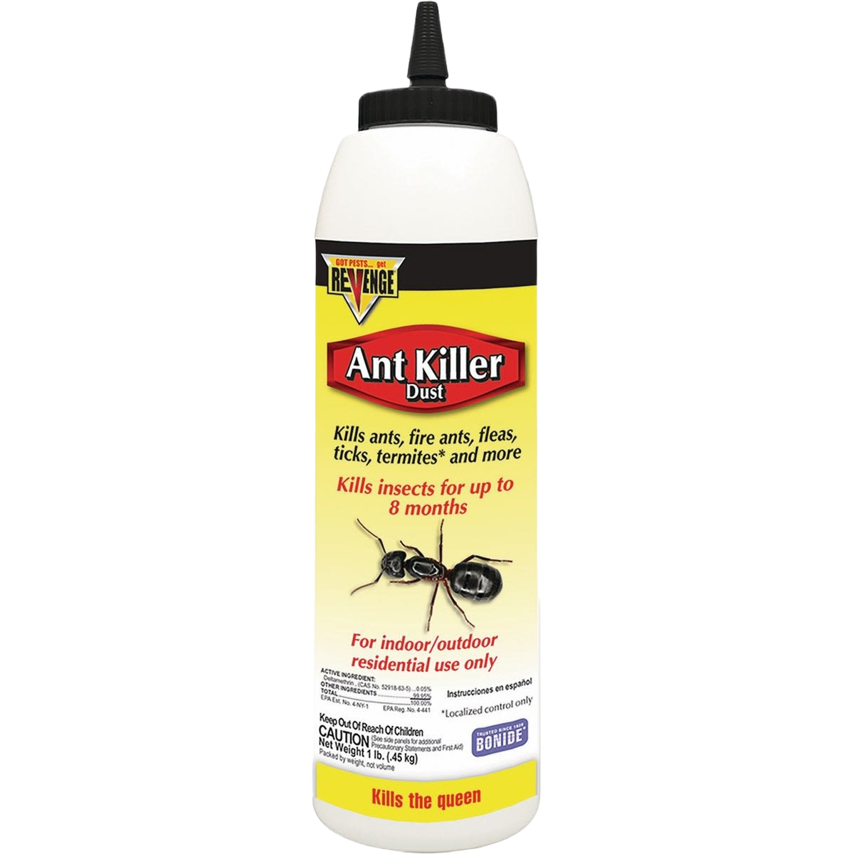 White and yellow bottle of Bonide Revenge ant killer powder for indoor and outdoor pest control in lawn and garden collections