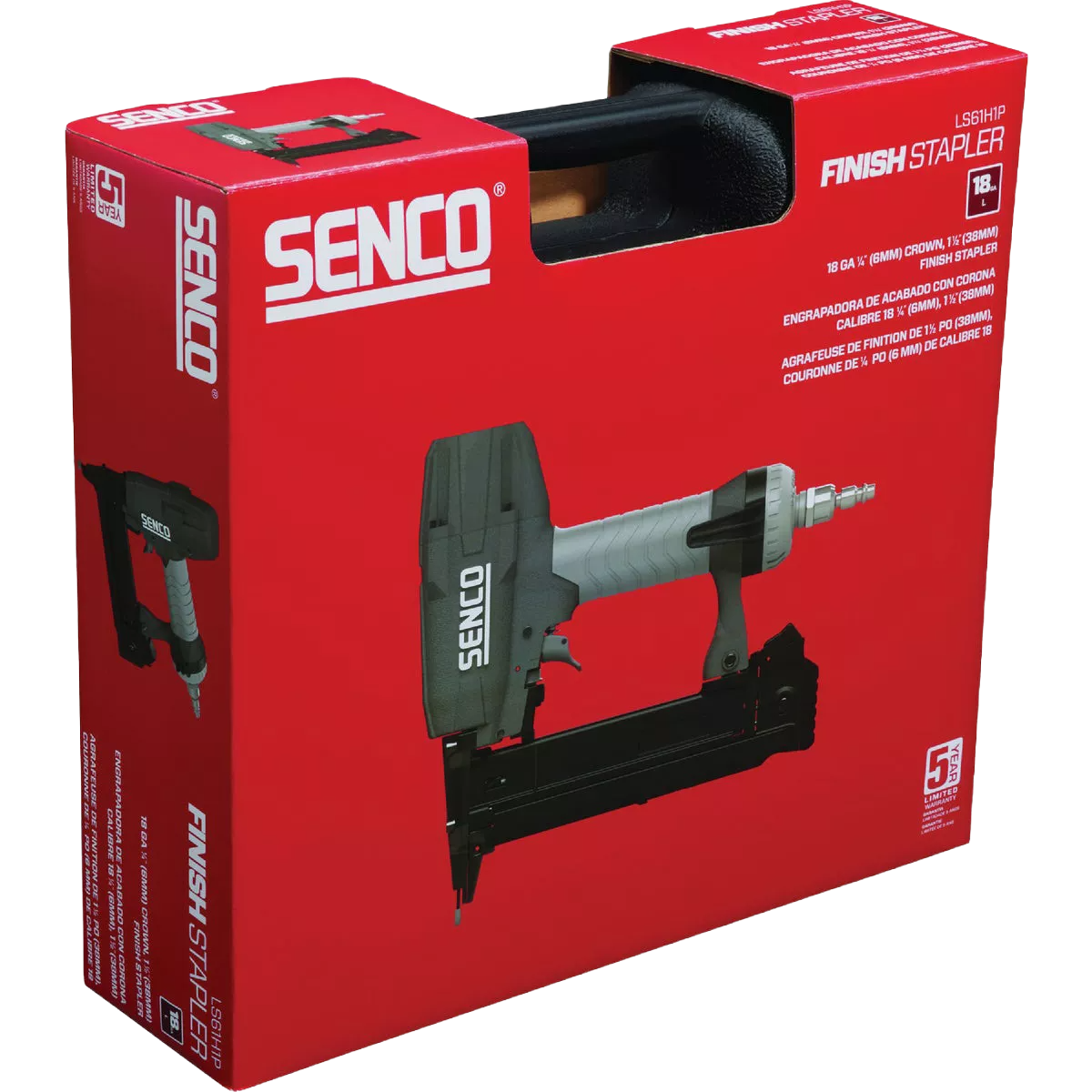 Compact pneumatic stapler with ergonomic grip and black magazine for home improvement finishing tasks