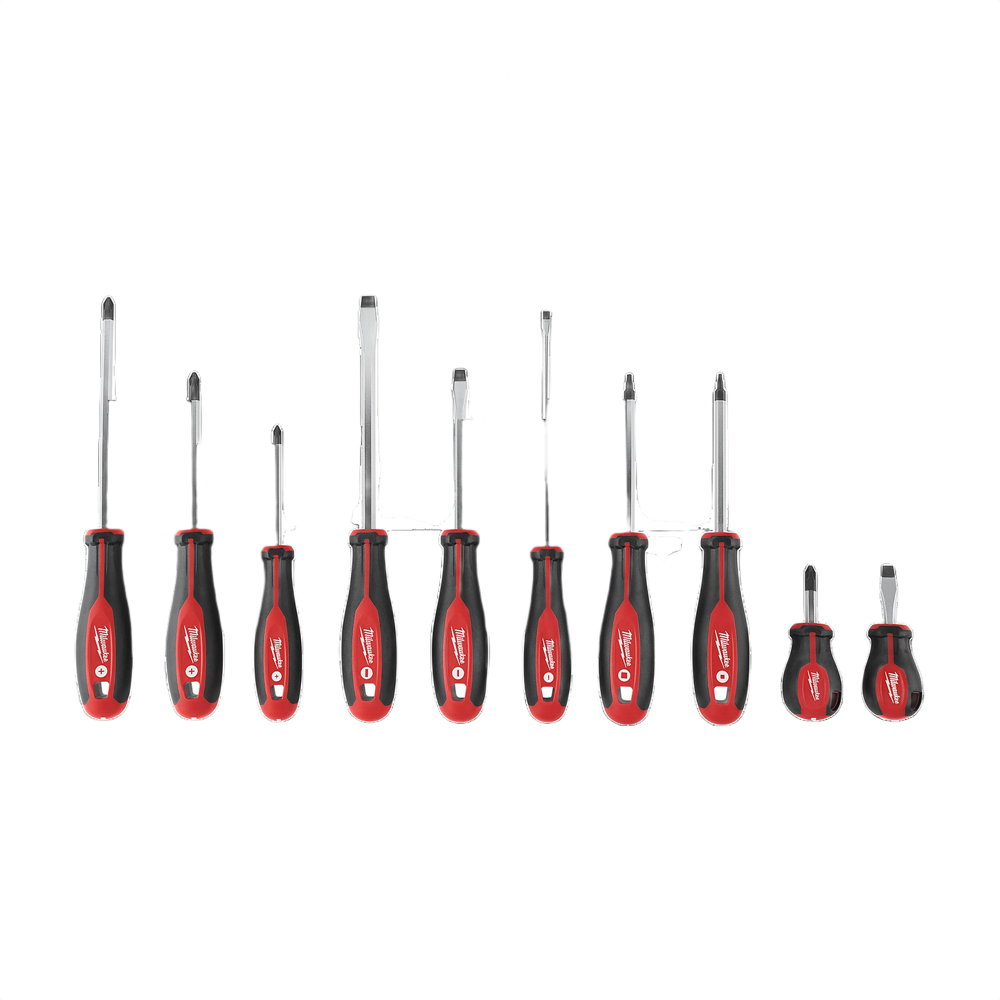 Set of red and black Milwaukee hand screwdrivers in various sizes for tools and home improvement use