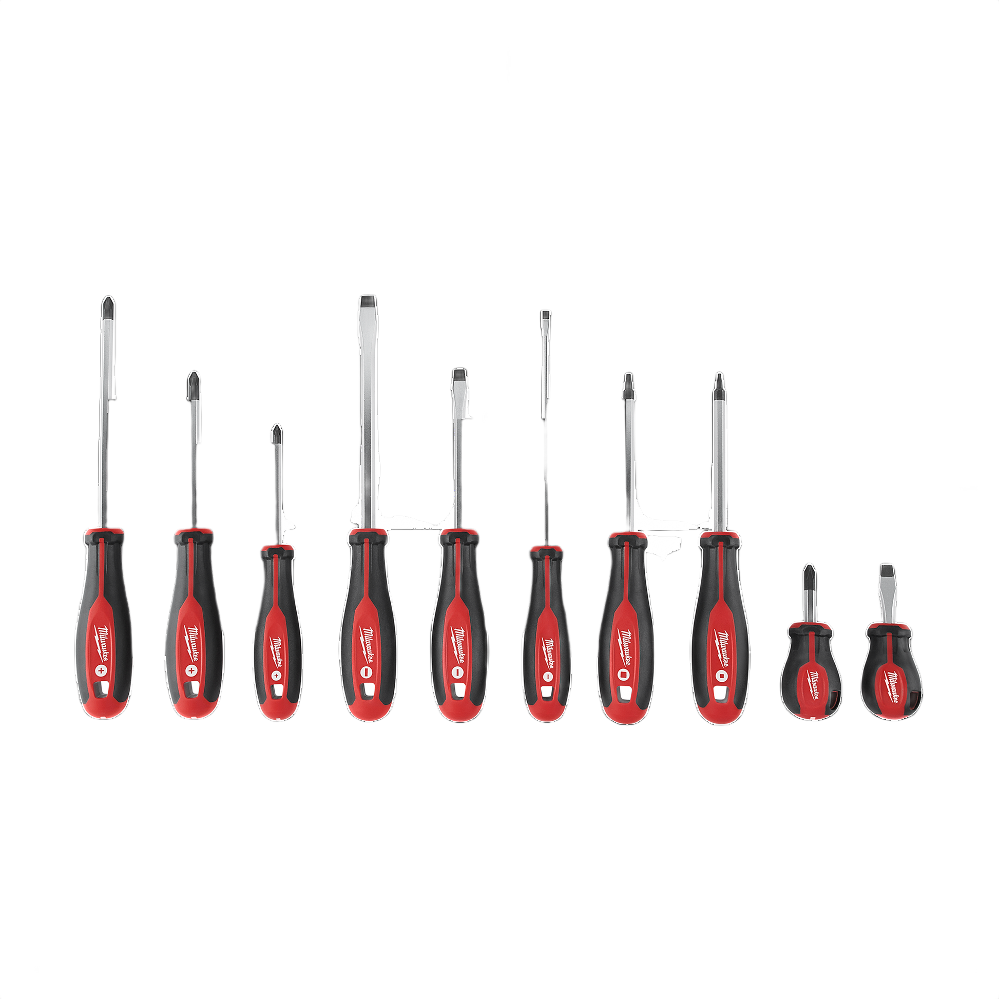 Set of red and black Milwaukee hand screwdrivers in various sizes for tools and home improvement use