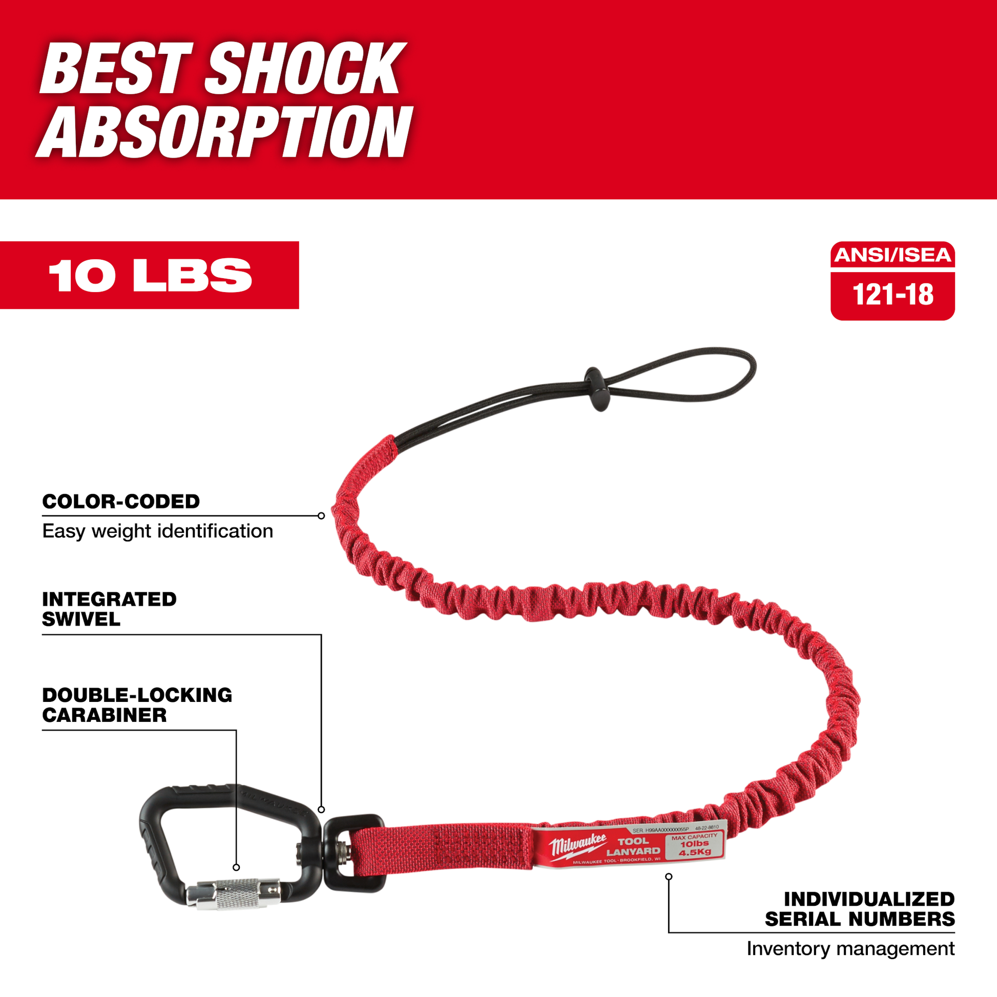 Red locking tool lanyard with double-locking carabiner and integrated swivel for safety and home improvement tools under $50