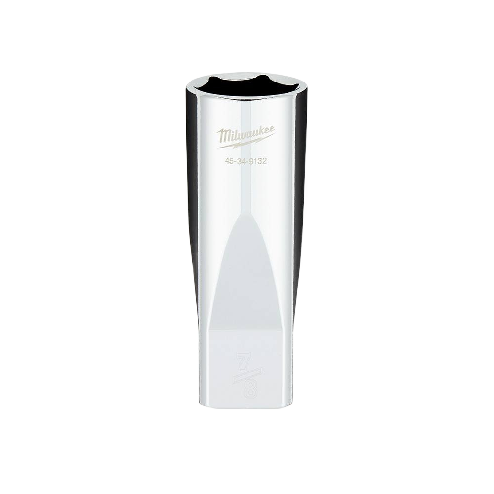 Chrome-finished deep socket with 7/8-inch size and four flat sides for improved grip in tools and home improvement tasks