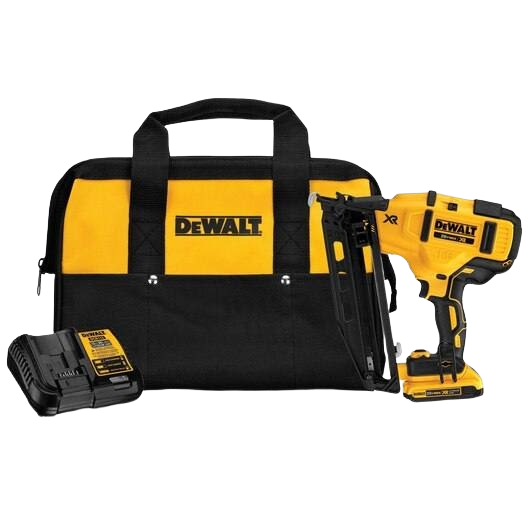 Cordless 20V angled finish nailer kit with battery charger and durable yellow and black carrying bag for tools and home improvement tasks