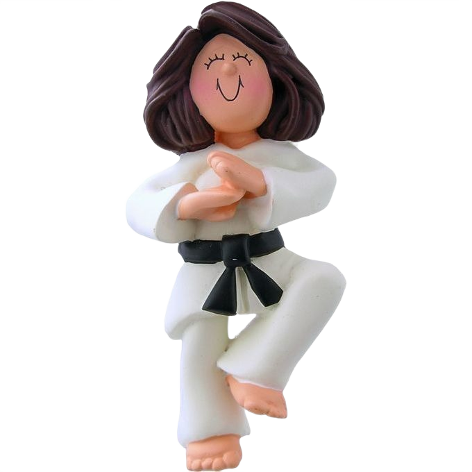 Brunette female karate figure in white gi with black belt performing a pose from Christmas Ornaments & Tree Decorations collection