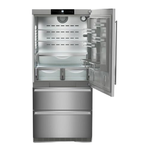 Open stainless steel freestanding refrigerator with right hinge door and dual freezer drawers in Appliances collection