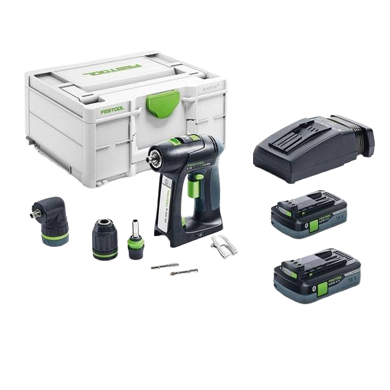 Cordless drill set with interchangeable heads, two lithium-ion batteries, charger, and durable storage case for home improvement tasks