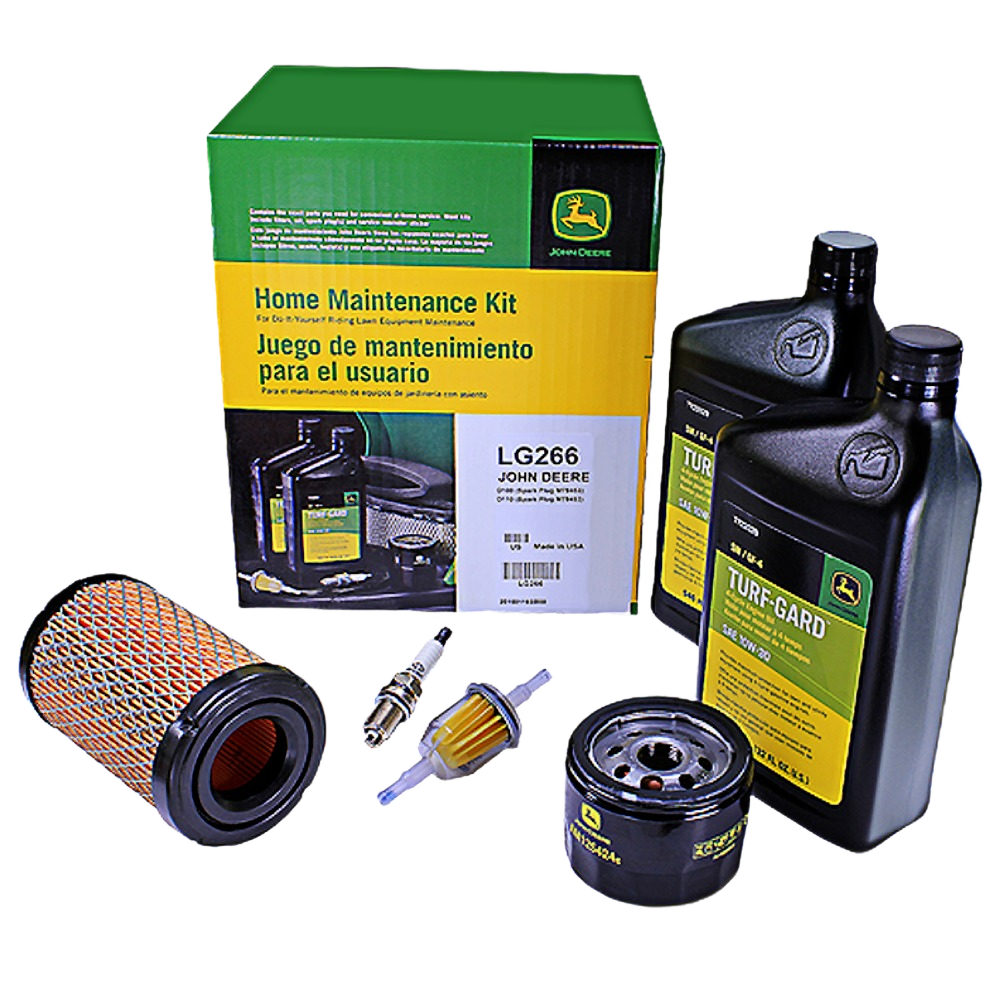 Green and yellow home maintenance kit includes oil, filters, and spark plug for tools and home improvement use