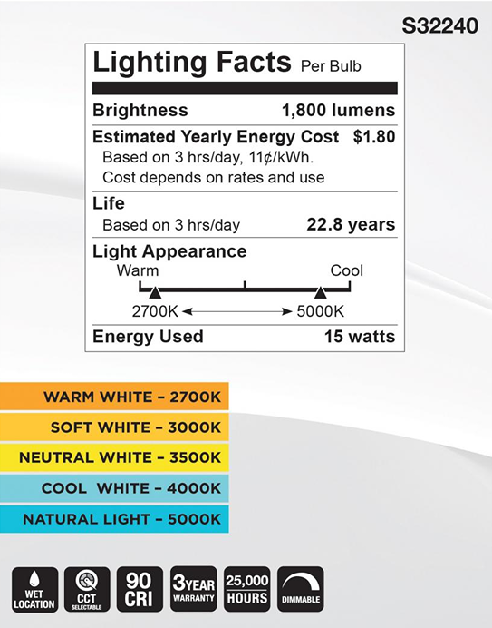 Lighting facts label showing 1800 lumens brightness, 15 watt energy use, 3-year warranty, and color temperature options from 2700K to 5000K
