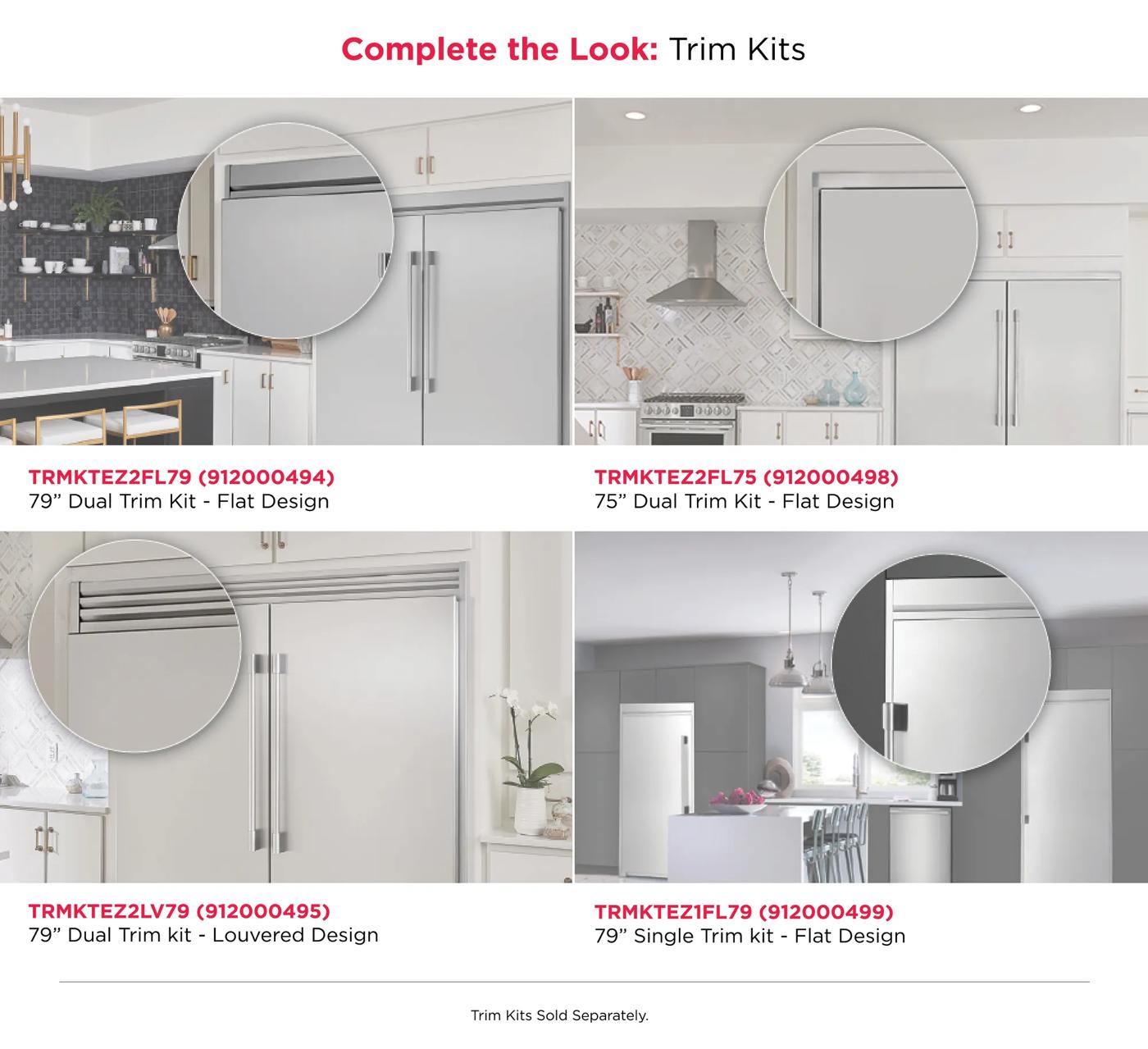 Set of four kitchen trim kits including dual and single-door designs for modern appliance installation in home kitchens.