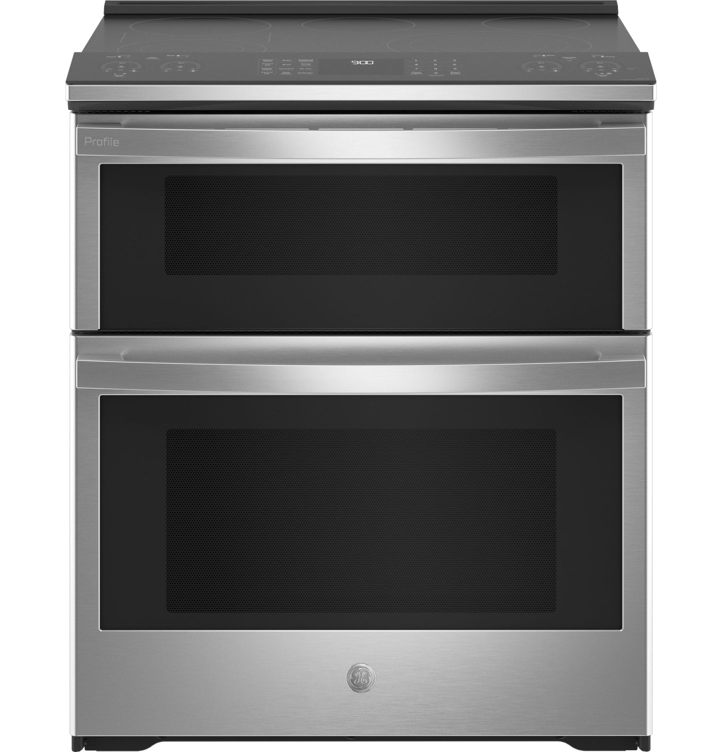 Stainless steel smart double oven slide-in range with digital touch controls in kitchen appliances and ranges collection
