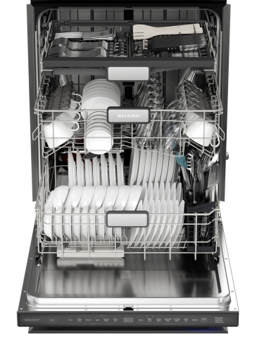 Open stainless steel dishwasher fully loaded with white dishes and silver utensils from Kitchen & Kitchenware collection