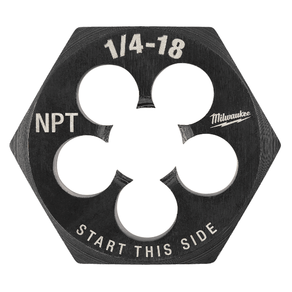 Hexagonal threading die with 1/4-18 NPT marking, laser-etched for precision in tool accessories and home improvement.