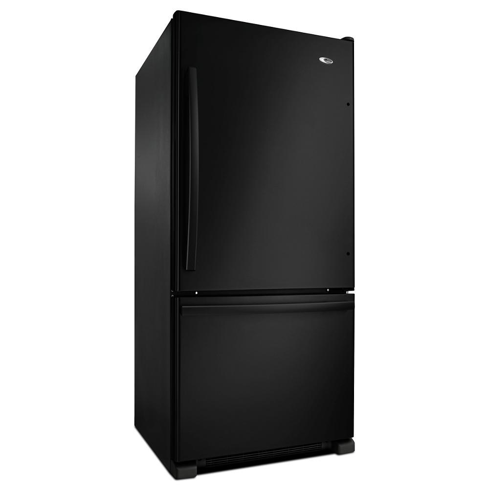 Black 29-inch wide bottom-freezer refrigerator with smooth exterior and modern handle in kitchen appliances collection