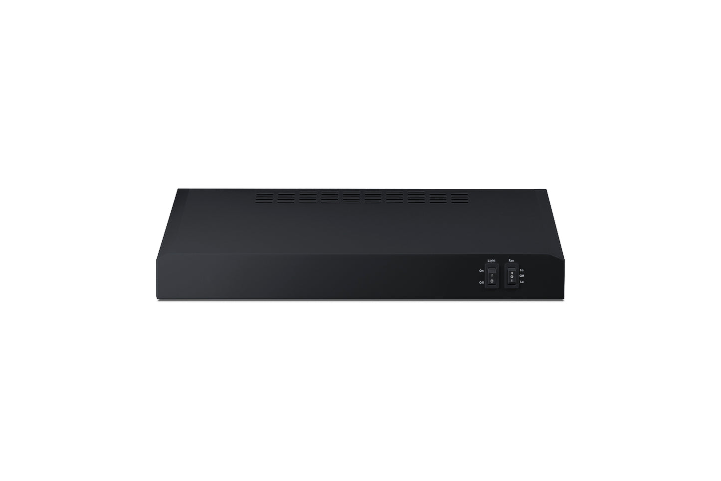 Matte black under cabinet range hood with simple push-button controls for kitchen and appliance collections