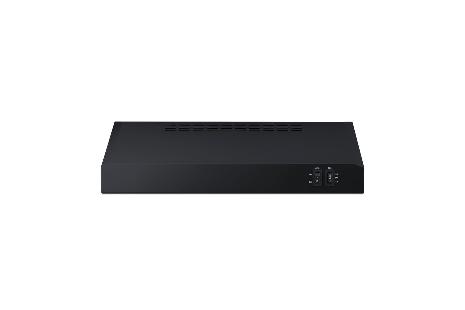 Matte black under cabinet range hood with simple push-button controls for kitchen and appliance collections