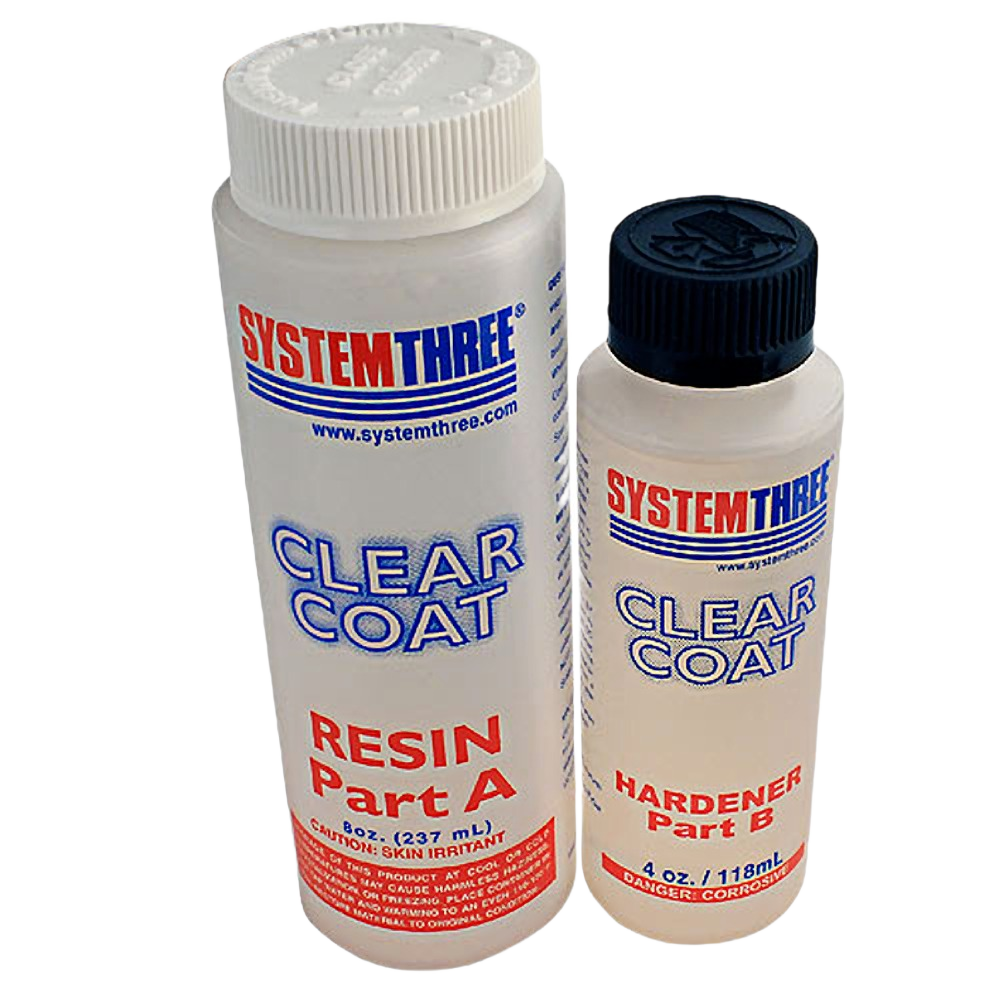 Two bottles of clear coat resin and hardener labeled System Three for wood sealing and finishing projects under $50 collection