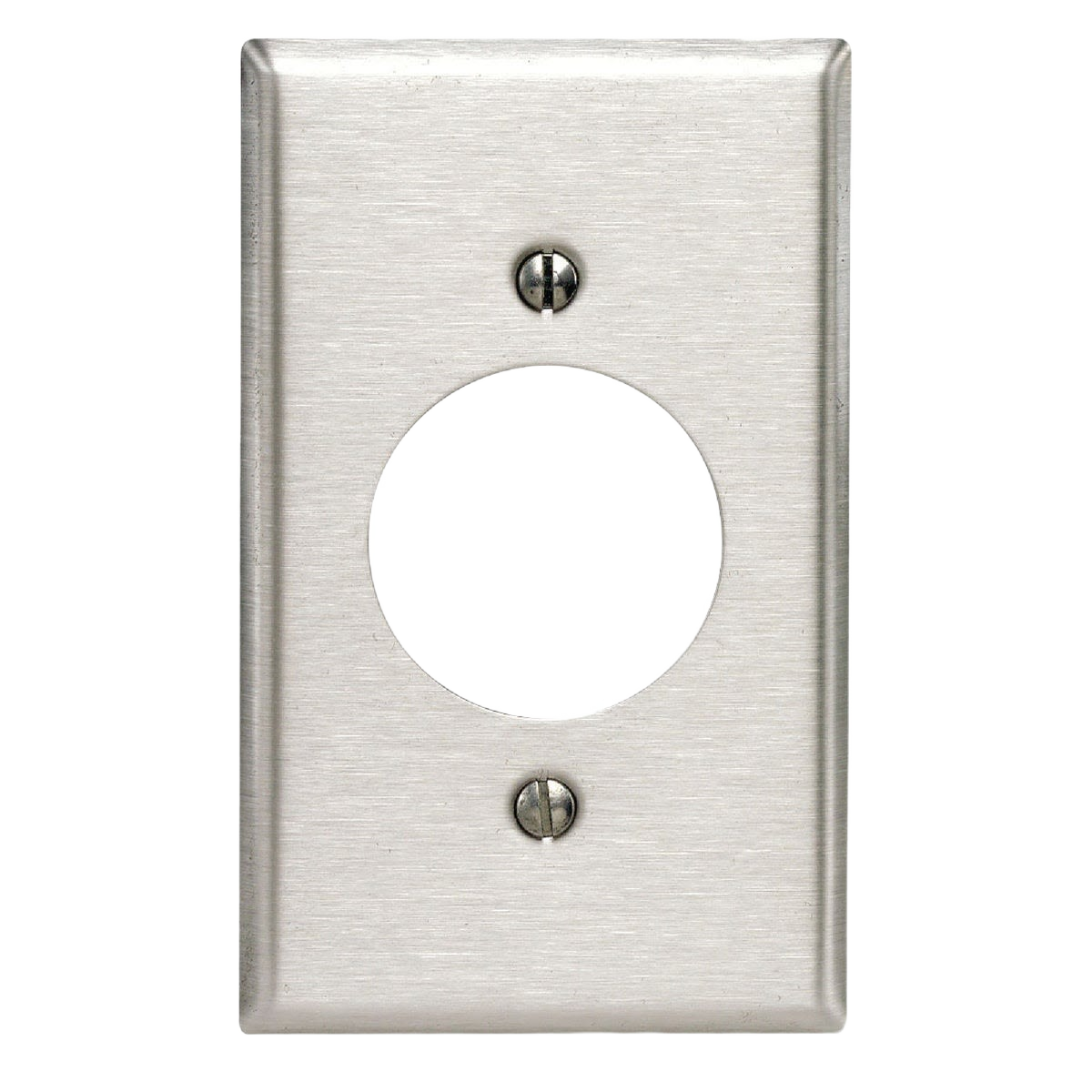 Stainless steel 1-gang wall plate with circular opening and two screw fasteners for home improvement tasks