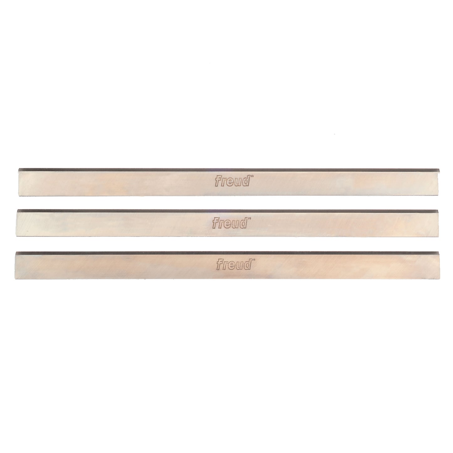 Set of three precision planer blades engraved with brand name for woodworking tool accessories and home improvement use