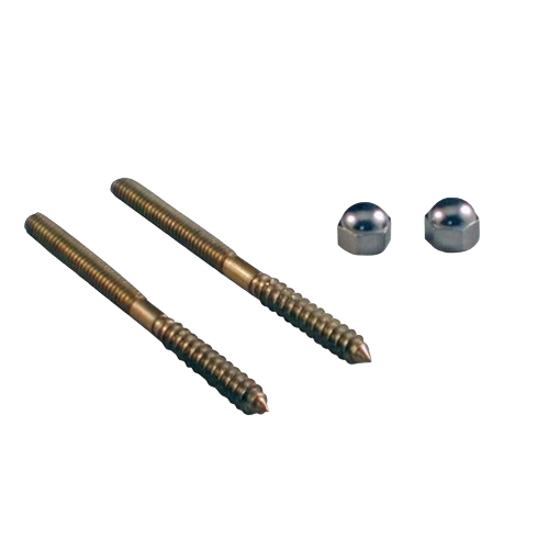 Two brass-colored closet screws and matching chrome acorn nuts for toilet installation and home improvement tasks