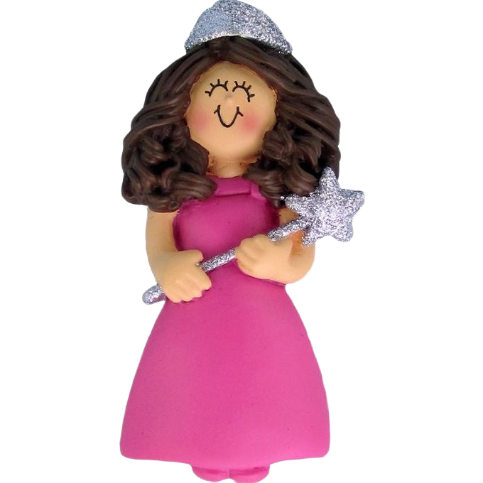 Personalized brunette princess ornament in pink dress holding glittery star wand from Christmas Ornaments & Tree Decorations collection