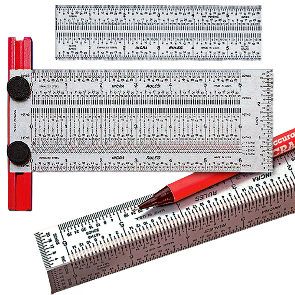 Set of precision marking rulers with clear measurement scales and red adjustment knobs for woodworking and home improvement tasks